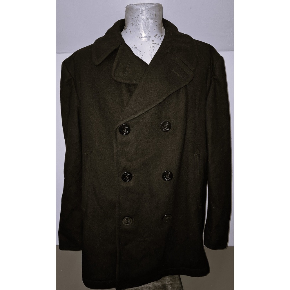 Vintage 1980's US Navy Military Wool Pea Coat Black Anchor Buttons 44S 44 Short